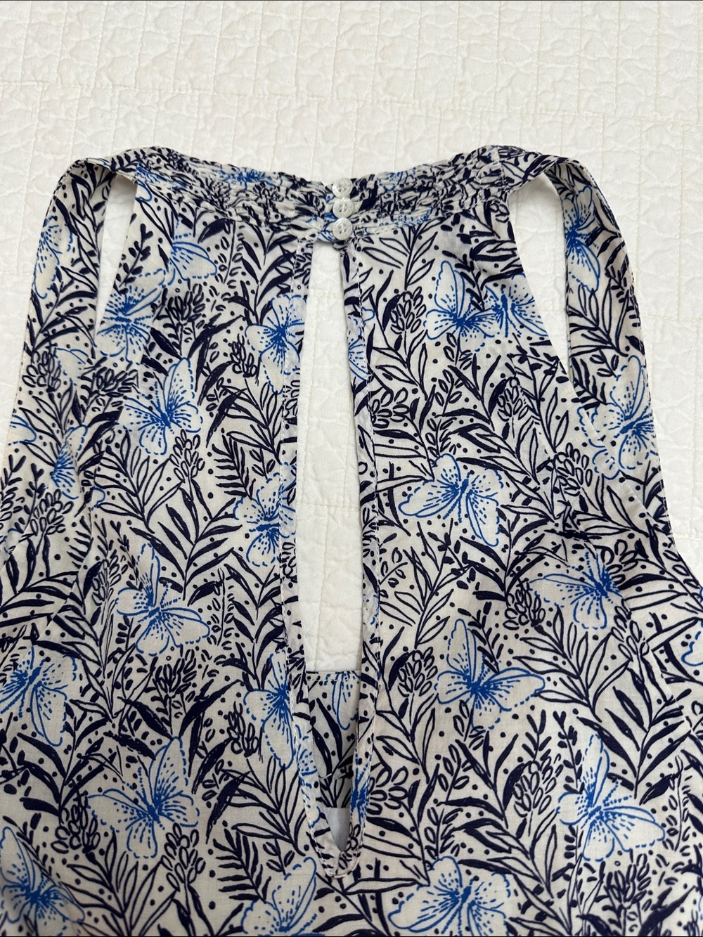Karen Millen US 12 White A-Line Smocked Dress Navy Light Blue Botanical Print - Picture 9 of 10